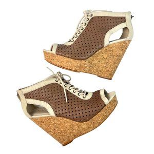 Koolaburra Cork Wedge Booties Sz 8 Lace Up Platform Perforated Peep Toe Leather